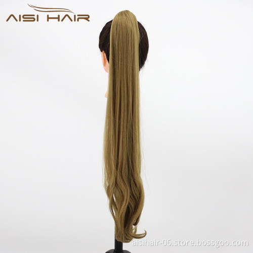 Aisi Hair Vendor Wholesale Long Straight Curly Wave End Magic Paste Brown Ponytail Drawstring Synthetic Ponytail Hair Extension